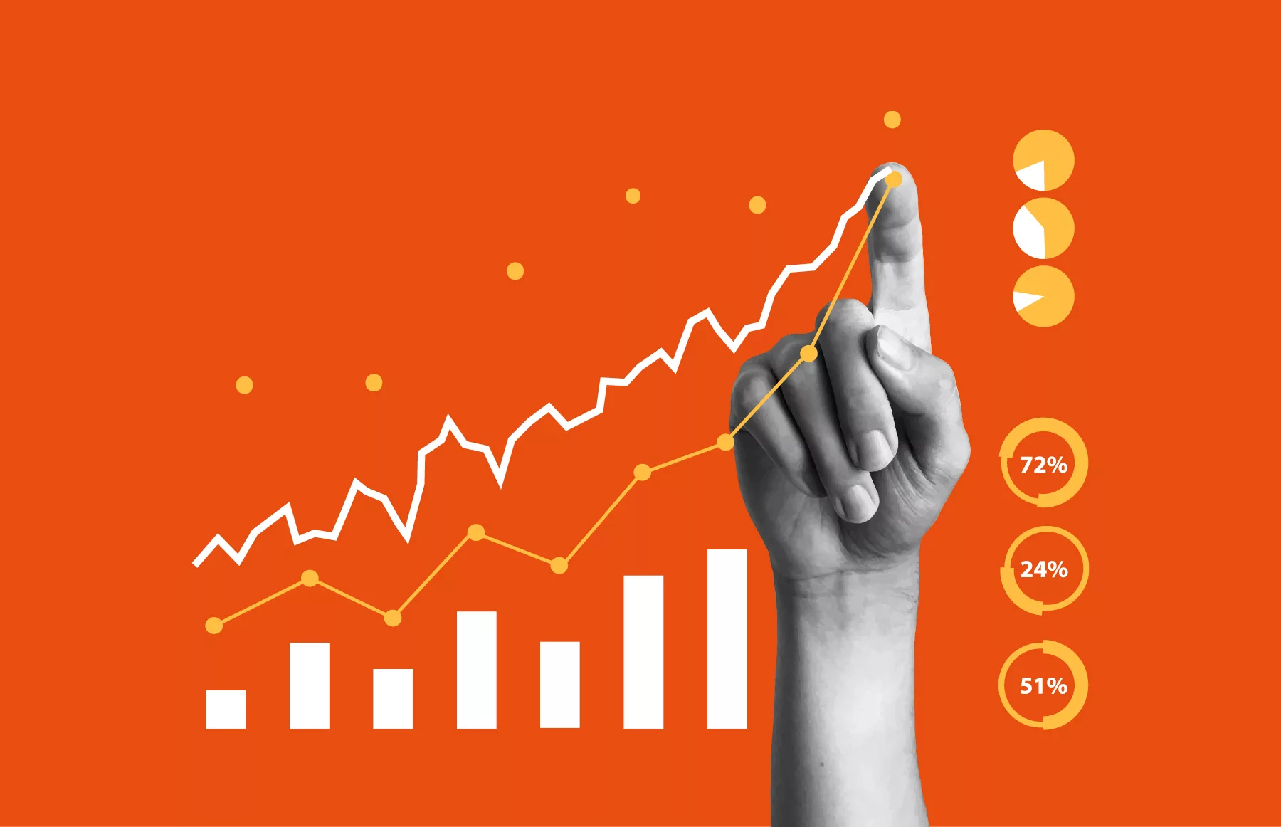 Mehrere Diagramme mit einer Hand auf orangem Hintergrund